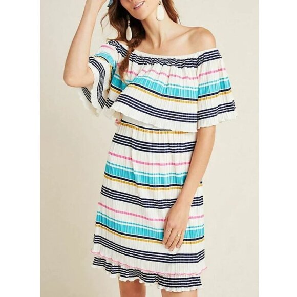 Anthropologie Boho Off the Shoulder Mini Dress XL White Striped A-Line Pleated - Picture 5 of 7